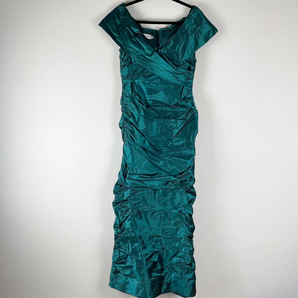Rickie Freeman Teri Jon Silk Gown Dress Womens 8 Green Sleeveless Ruched 80s